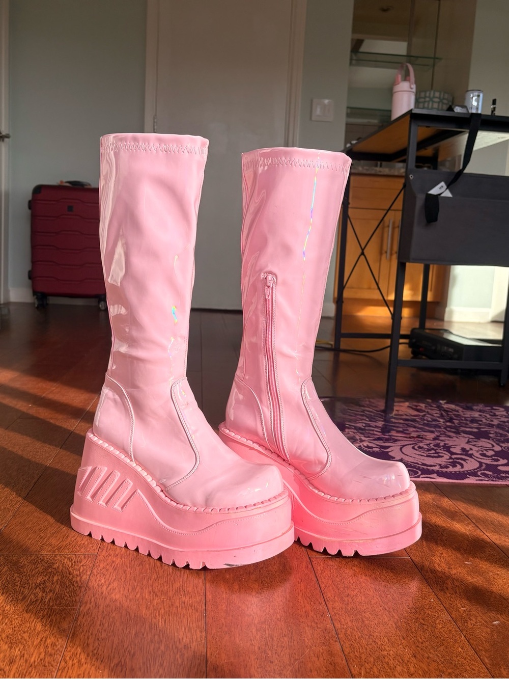 Demonia Pink Glossy Platform Knee-High Boots